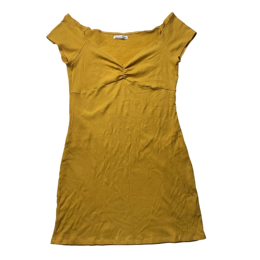Reformation Sweet Rib Knit Short Sleeve Mini Dress Mustard Yellow Large Women's